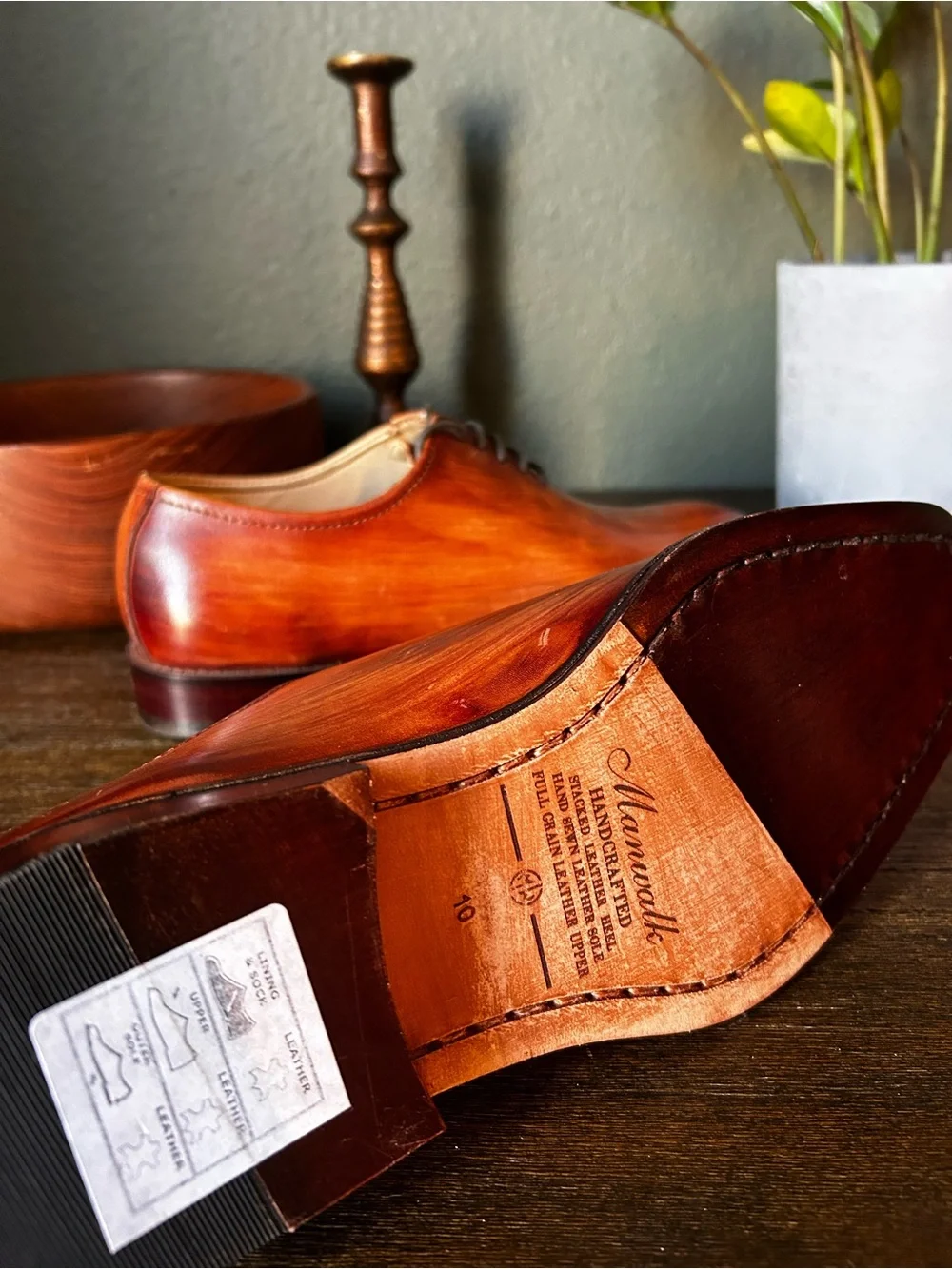 Hand-Patina Leather Whole Cut Oxford Dress Shoes - Cognac